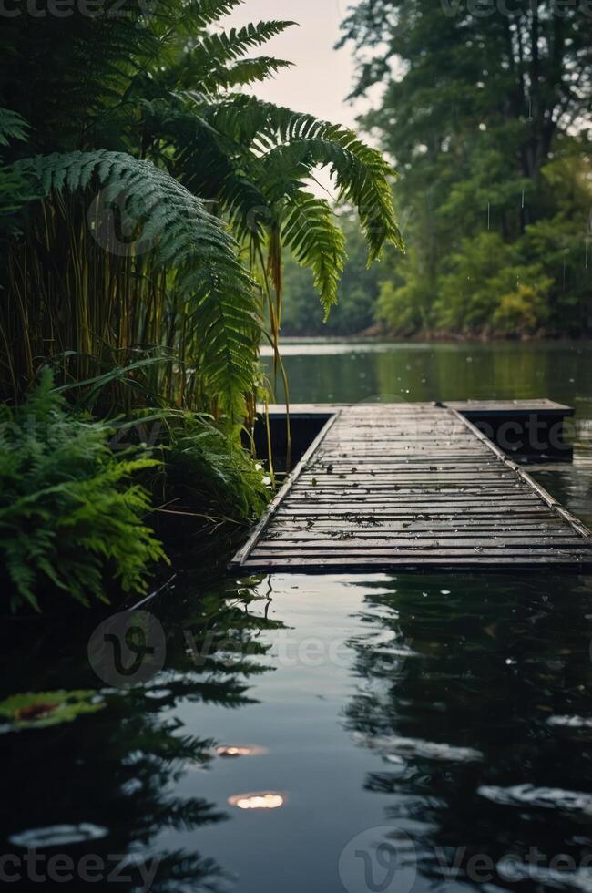 A serene wooden dock surrounded by lush greenery and calm waters. photo