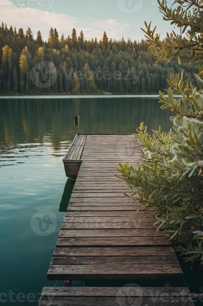 A serene wooden dock extends over calm waters, surrounded by lush greenery and trees. photo