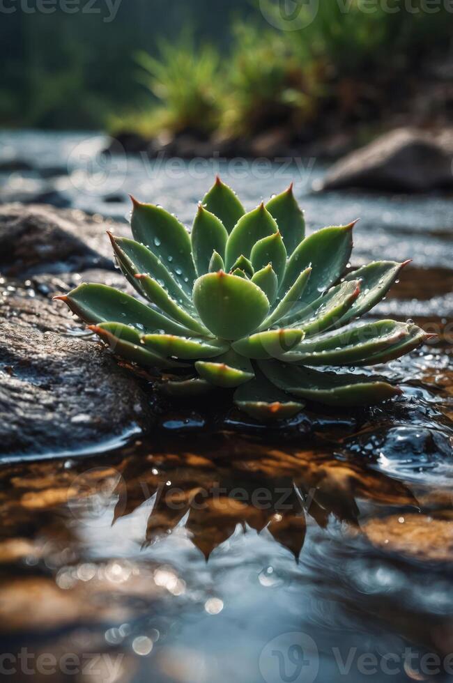 A succulent plant rests on rocks by a serene stream, reflecting its beauty in the water. photo