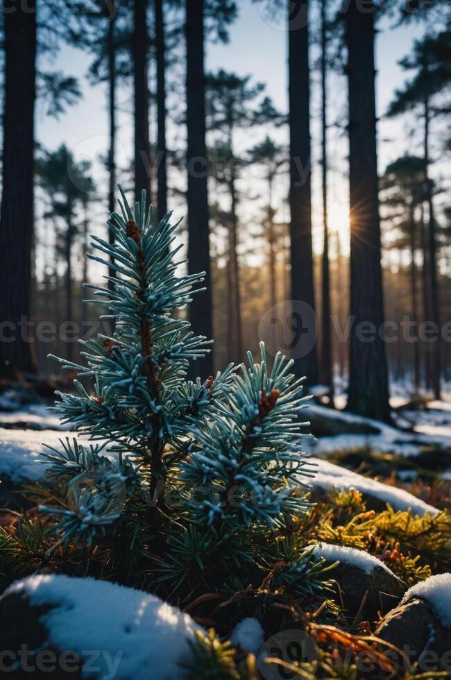 A serene forest scene with a young pine tree surrounded by snow and tall trees at sunset. photo