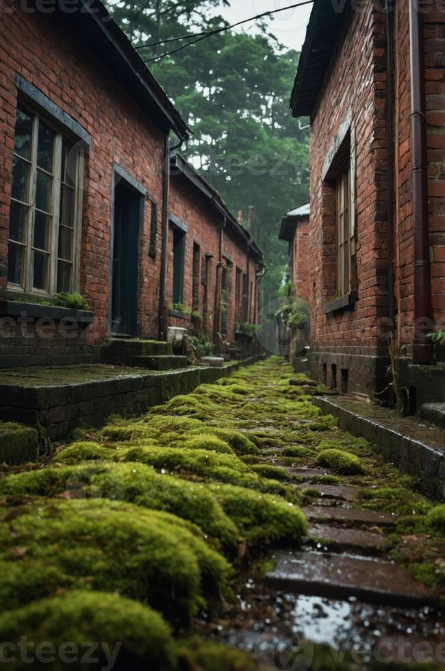 A serene pathway lined with moss between rustic brick buildings in a forested area. photo