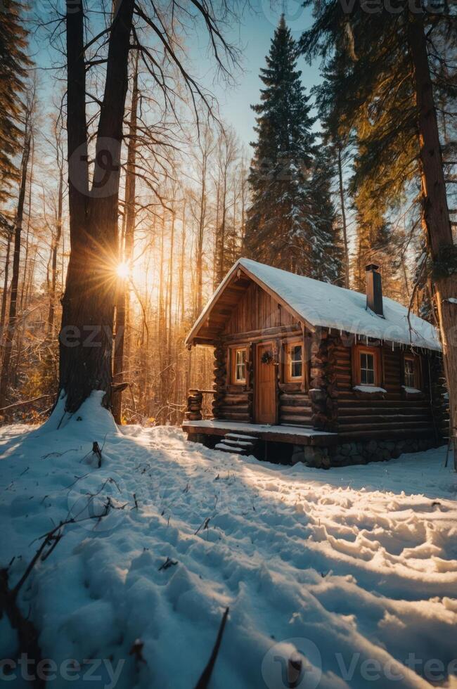 A cozy log cabin nestled in a snowy forest, illuminated by warm sunlight at sunset. photo