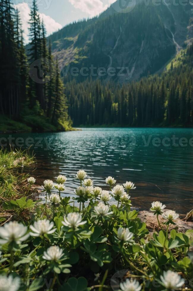 A serene lake surrounded by mountains and wildflowers under a clear sky. photo