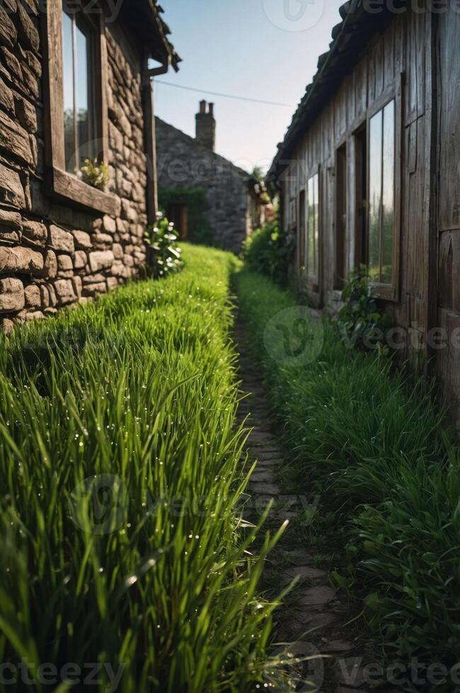 A serene pathway lined with lush grass between rustic stone buildings. photo