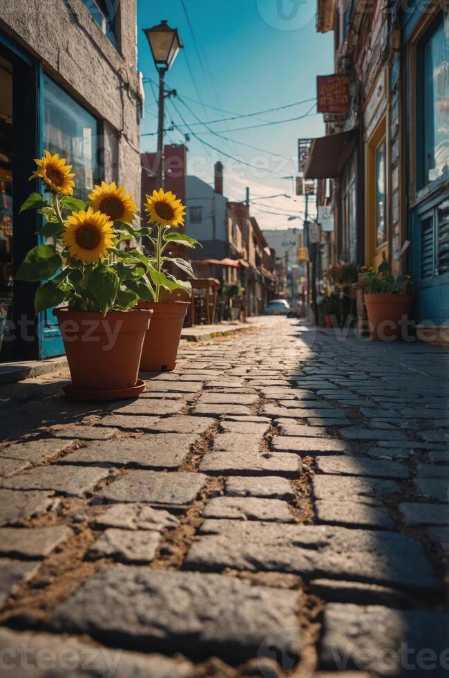 A charming cobblestone alley adorned with sunflowers in pots under a bright sky. photo