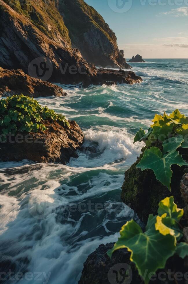 A scenic coastal view with waves crashing against rocky cliffs and greenery in the foreground. photo