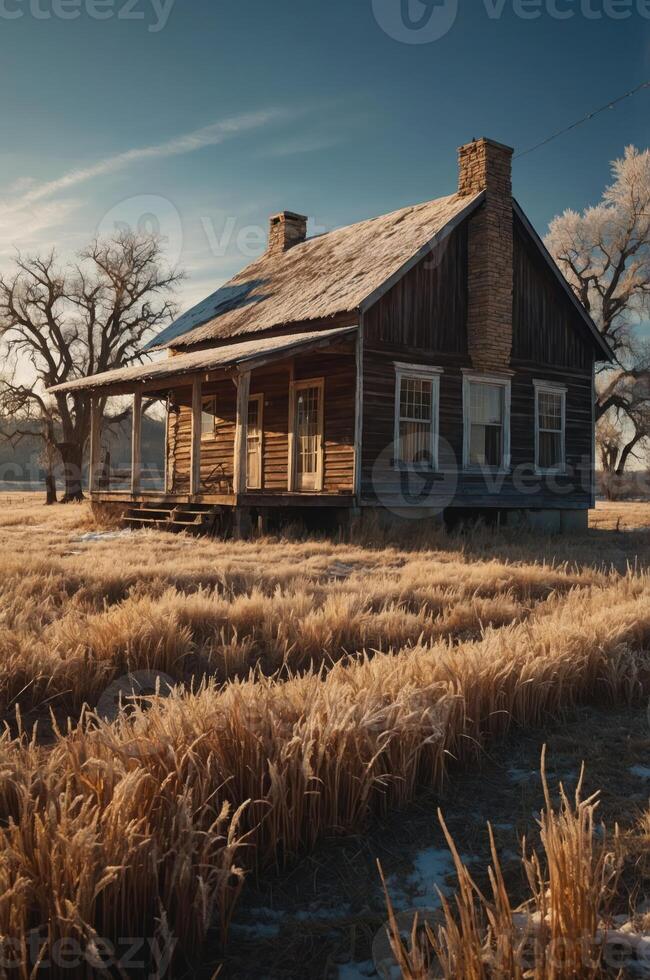 A rustic wooden house surrounded by frosty grass and trees under a clear sky. photo