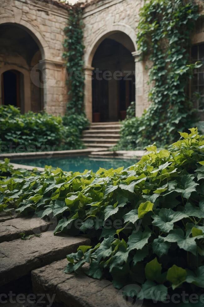A serene courtyard with lush greenery surrounding a tranquil pool. photo