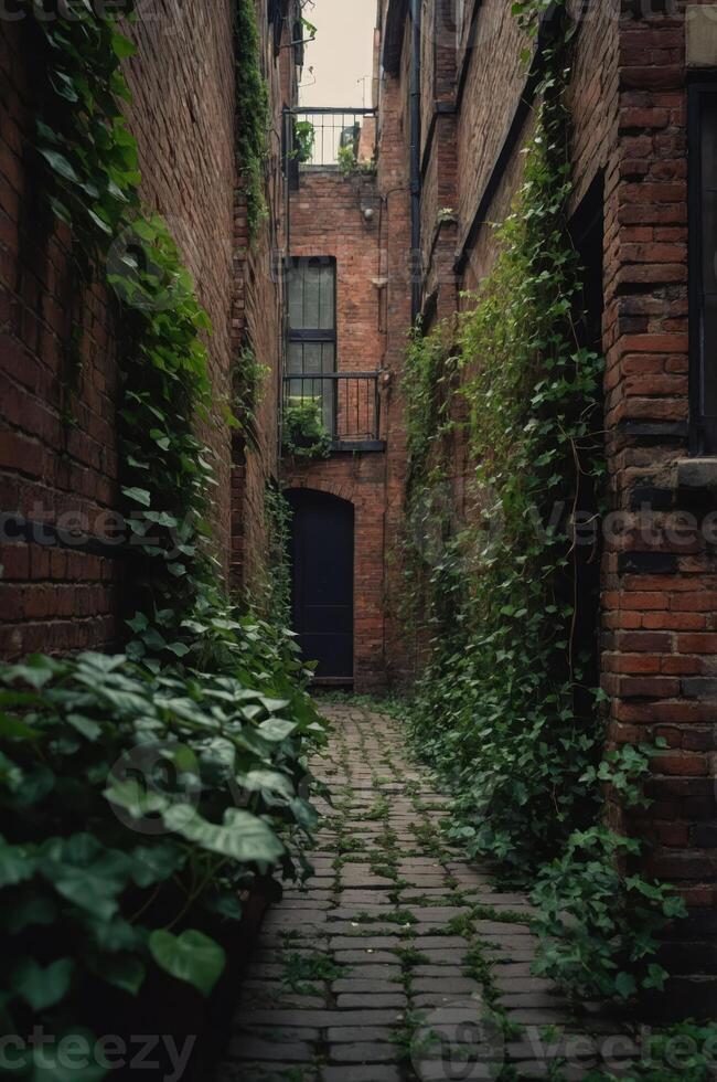 A narrow alleyway lined with brick walls and lush greenery. photo