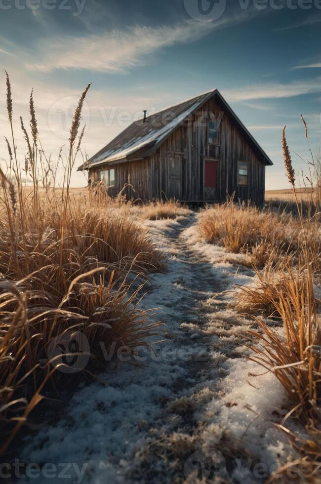 A rustic wooden house surrounded by tall grass and snow, set against a dramatic sky. photo