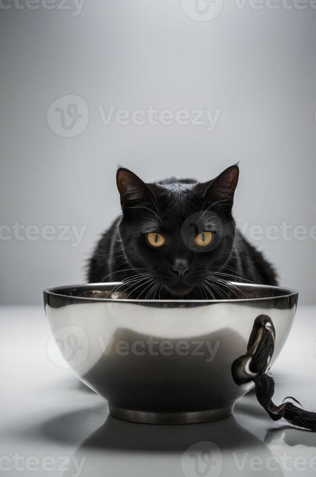A black cat peering into a shiny metallic bowl, creating a striking visual contrast. photo