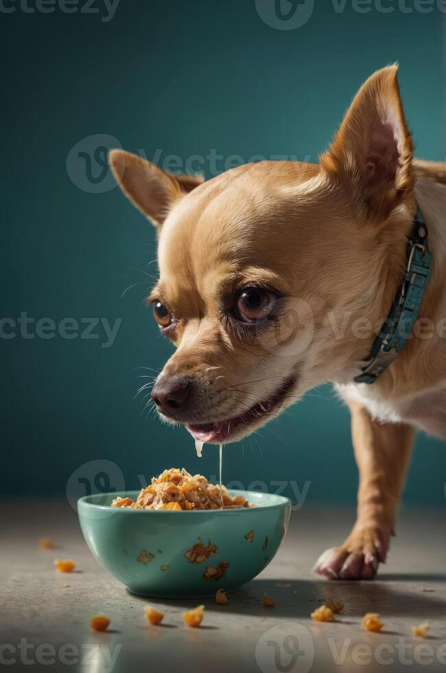 A Chihuahua eating from a turquoise bowl, with food scattered on the floor. photo