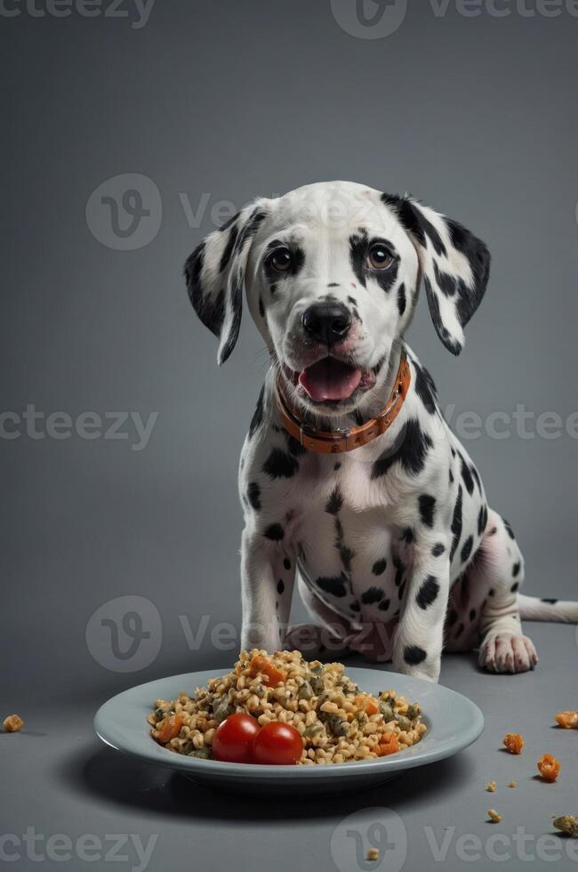 A Dalmatian dog sits beside a plate of colorful food, looking curiously at the camera. photo