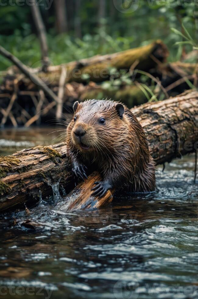 A beaver resting on a log in a serene river setting, surrounded by nature. photo