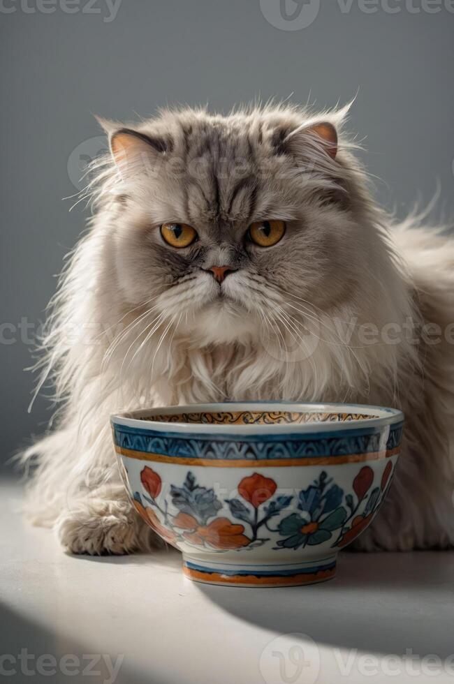 A fluffy cat gazes intently at a decorative bowl, illuminated by soft natural light. photo