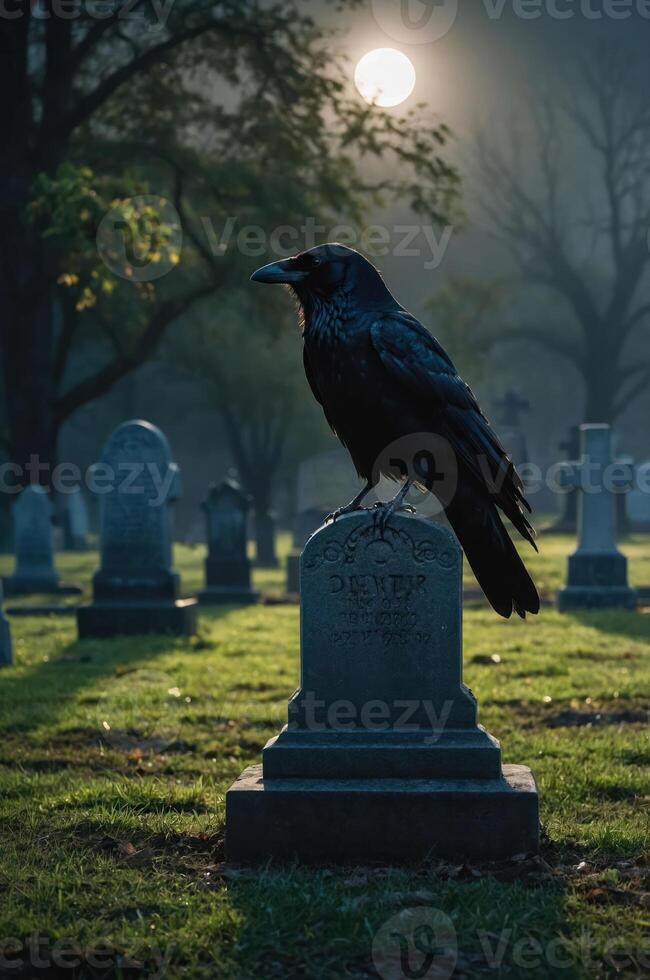 A raven perched on a gravestone in a misty cemetery with a full moon in the background. photo