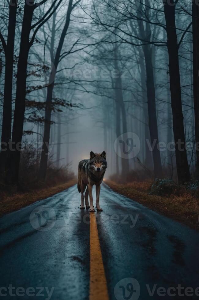 A lone wolf stands on a misty road, surrounded by dark trees and a mysterious atmosphere. photo