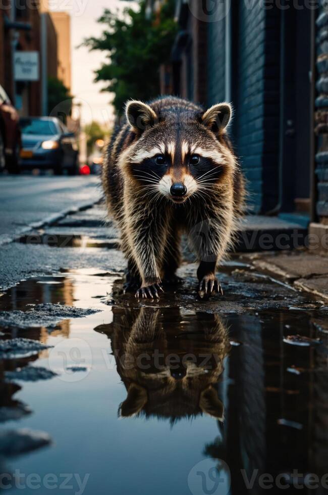 A raccoon stands in an urban alley, reflecting in a puddle at sunset. photo
