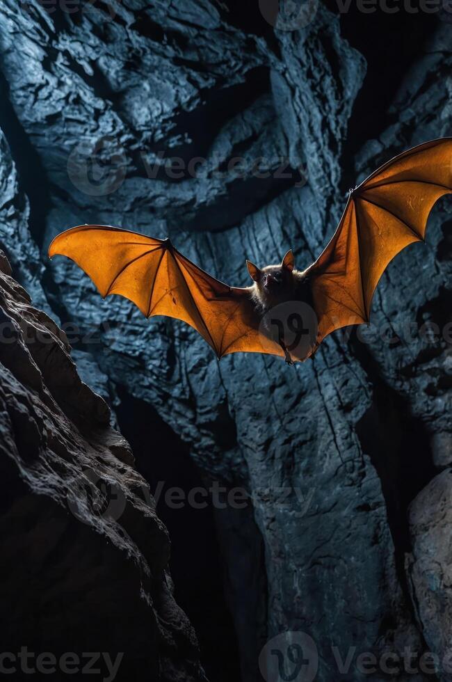 A bat with orange wings flying in a dark cave, illuminated by a beam of light. photo