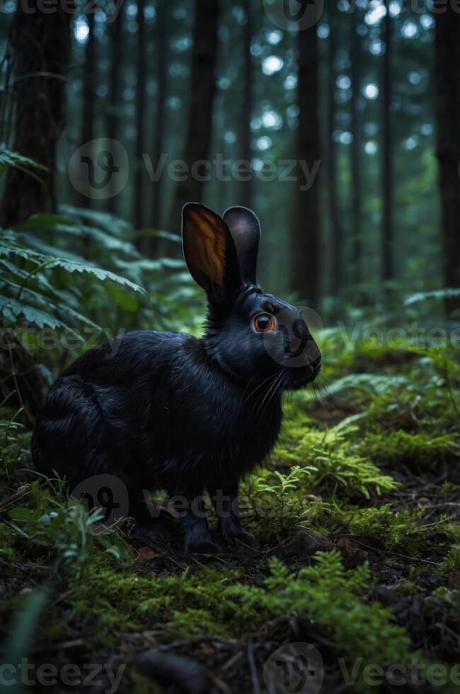 A black rabbit sits amidst lush greenery in a dark forest, creating a mysterious atmosphere. photo