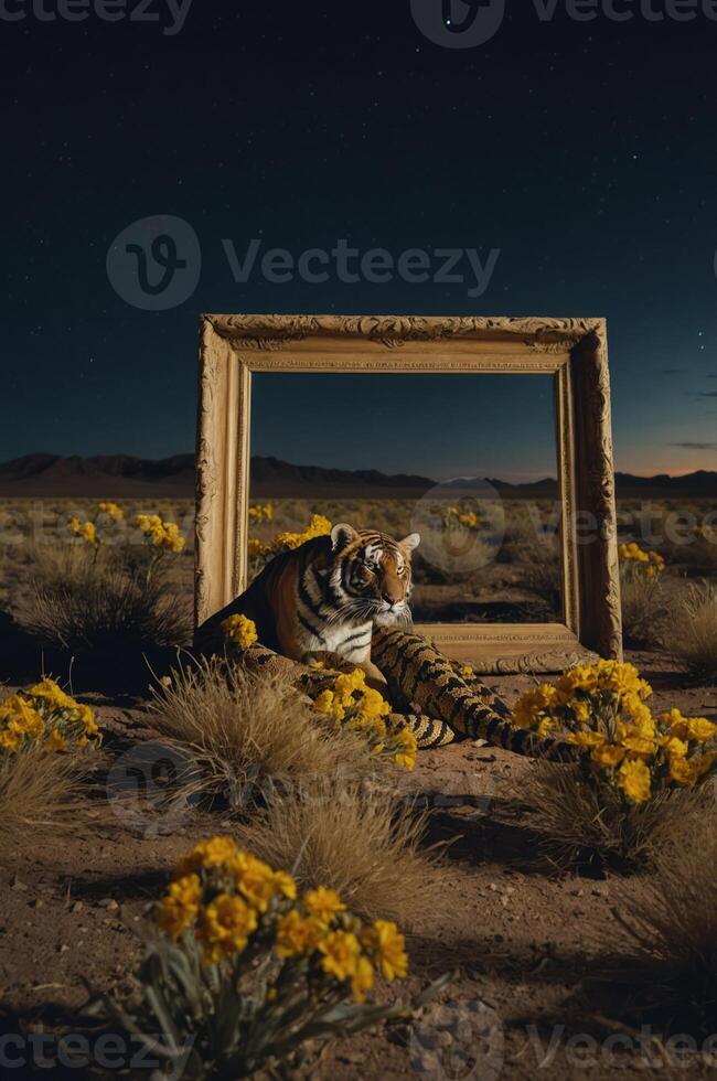 A tiger rests amidst flowers in a desert, framed by an empty wooden frame under a starry sky. photo
