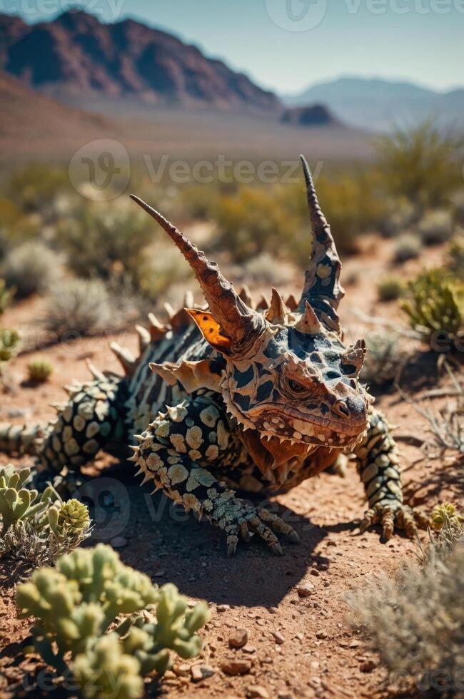 A horned lizard camouflaged in a desert landscape with rocky mountains in the background. photo
