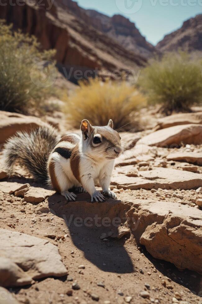 A small squirrel sits on rocky ground in a desert landscape, surrounded by shrubs. photo