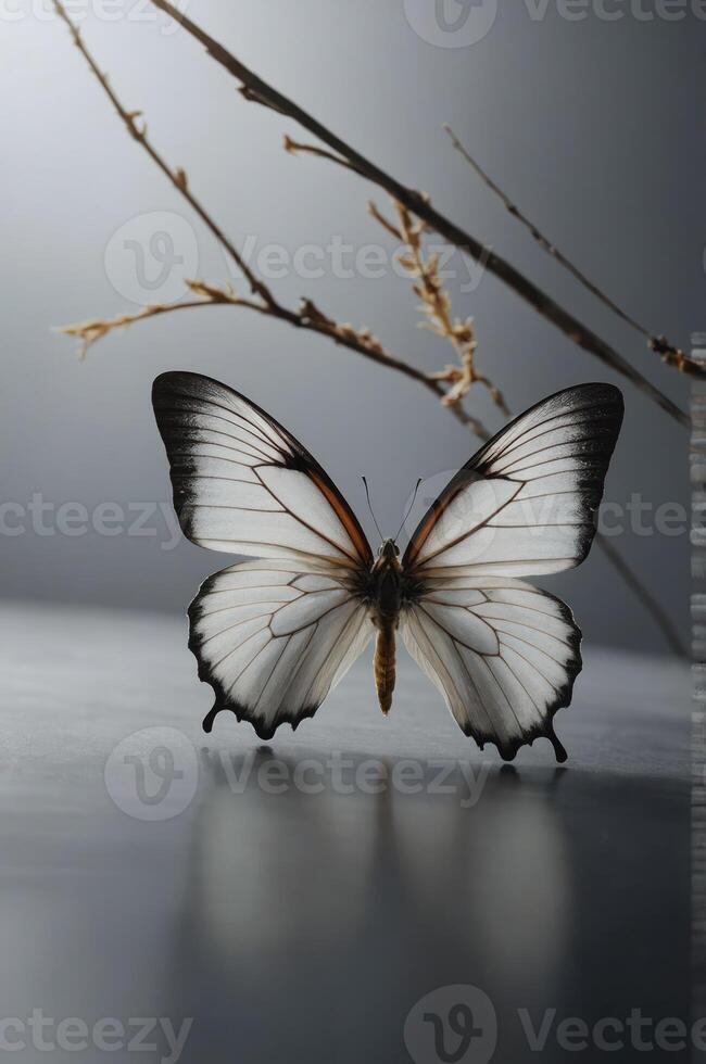 A delicate butterfly with white wings perched near a branch, showcasing nature's beauty. photo