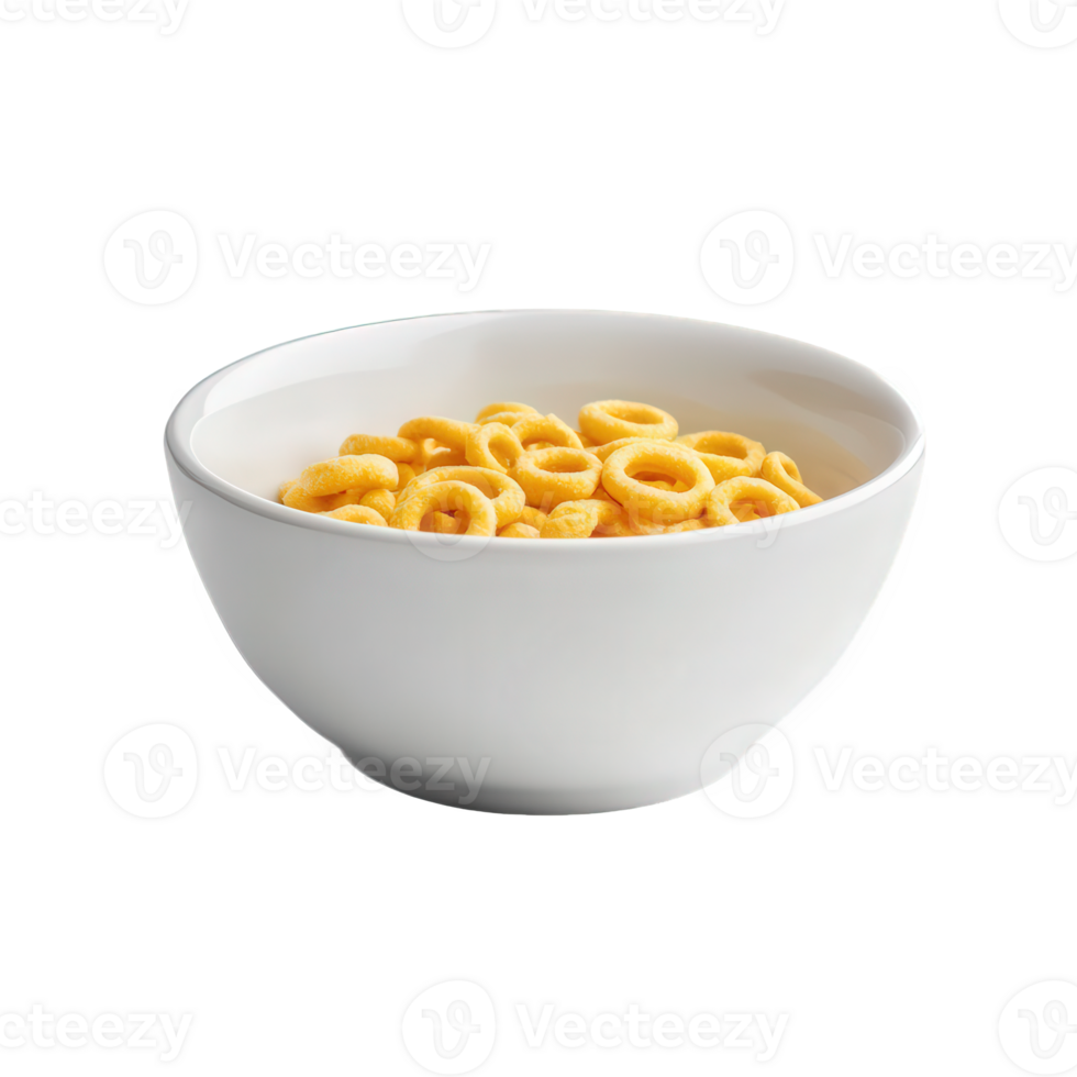 A white bowl contains a serving of yellow cereal rings png