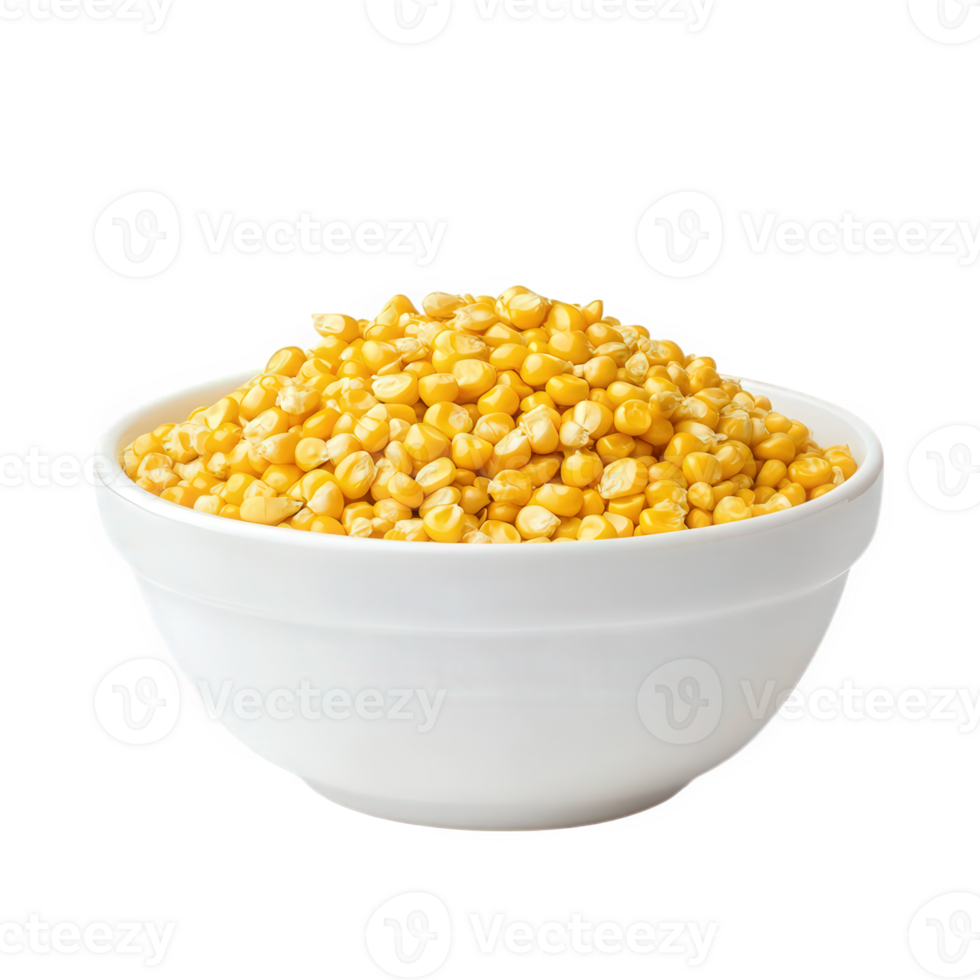 Yellow corn kernels in a white bowl against a black background png