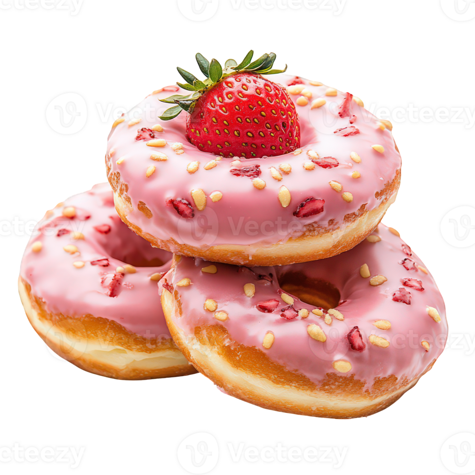 Three Pink Strawberry Donuts Stacked High 54001409 PNG