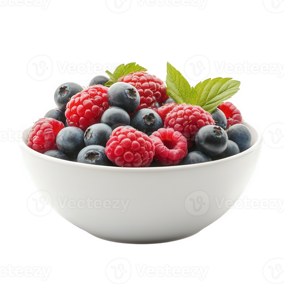 Raspberries and blueberries in a white bowl of goodness png