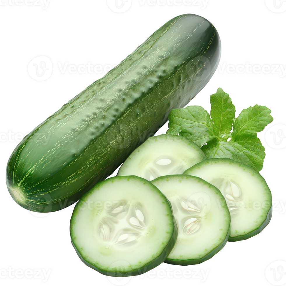 A whole cucumber and several slices with leaves png