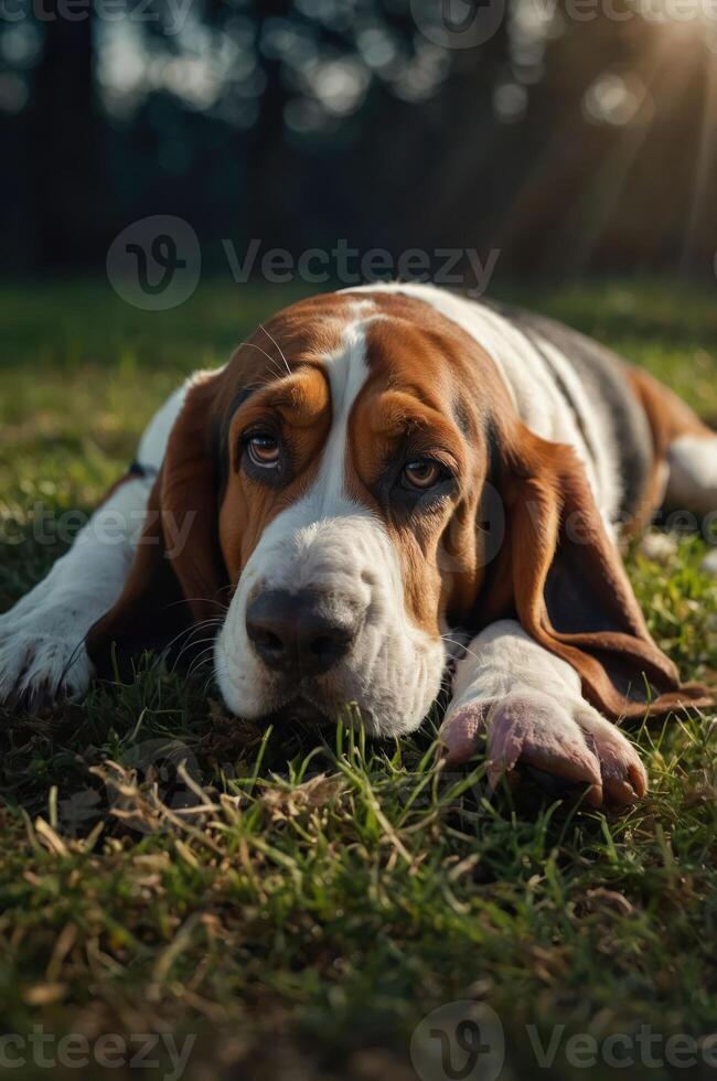A close-up of a relaxed basset hound lying on grass, enjoying a sunny day. photo
