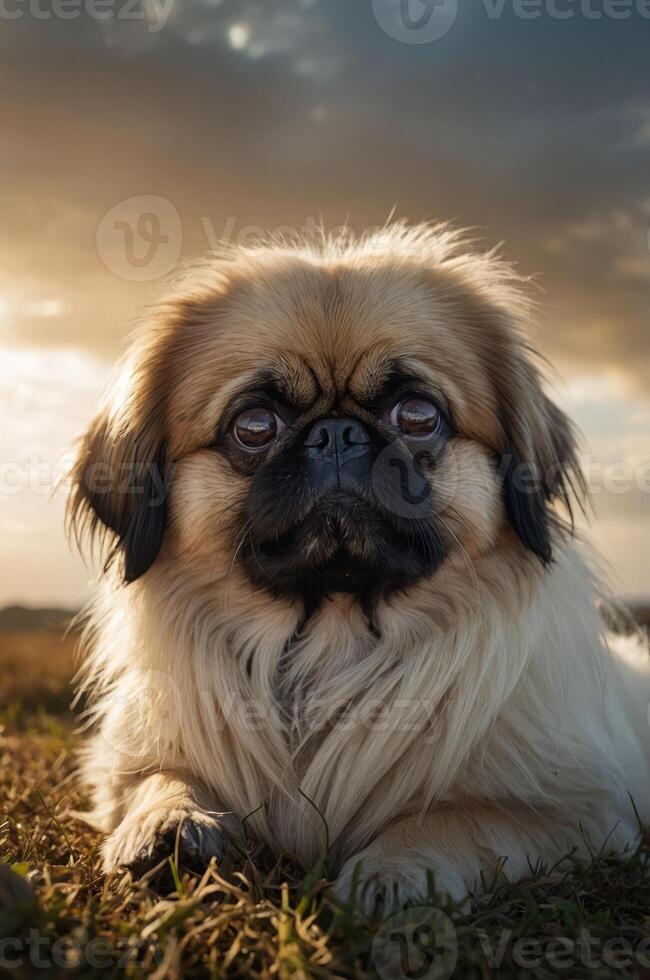 A close-up of a Pekingese dog resting on grass during a sunset. photo