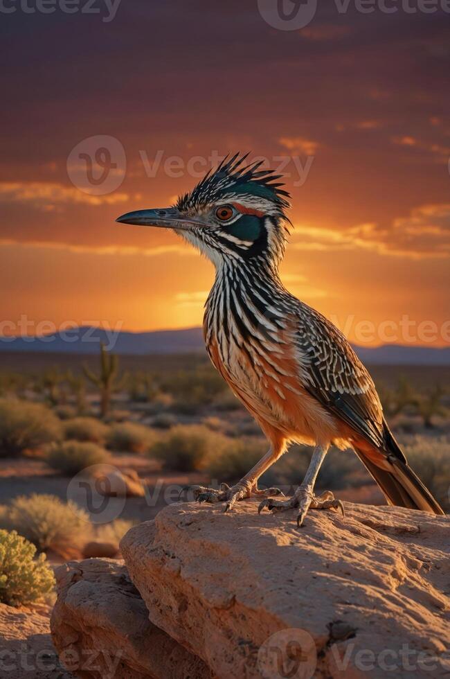 A colorful bird stands on a rock against a stunning sunset in a desert landscape. photo