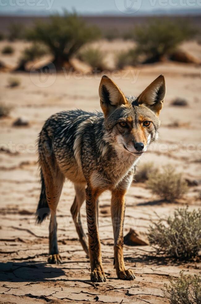 A coyote stands in a desert landscape, showcasing its natural habitat and features. photo