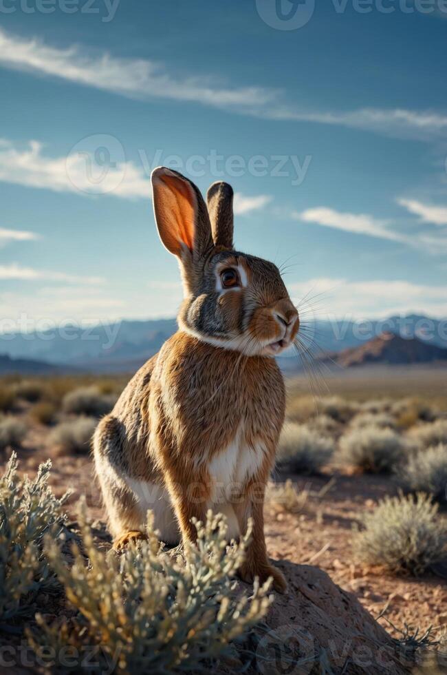 A rabbit stands on a rock in a desert landscape under a blue sky with distant mountains. photo