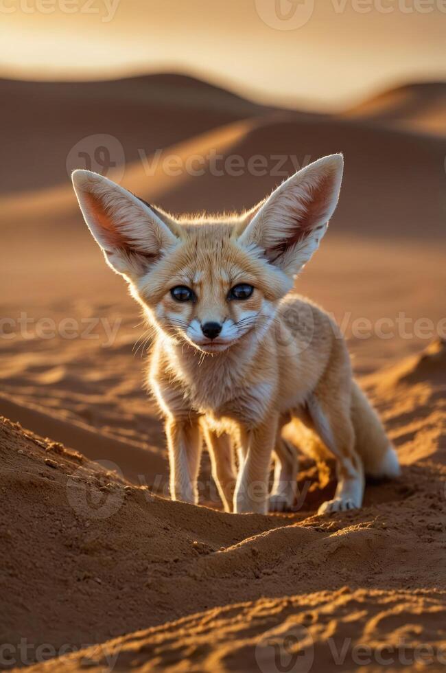 A fennec fox stands in a desert landscape, showcasing its large ears and sandy fur. photo