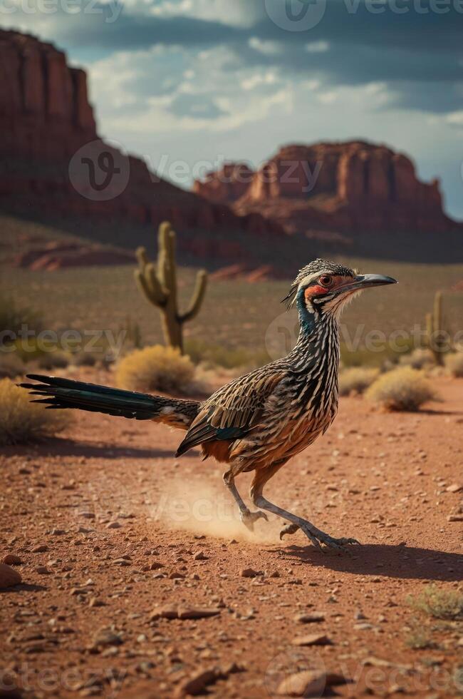 A roadrunner running across a dusty desert landscape with rocky formations in the background. photo