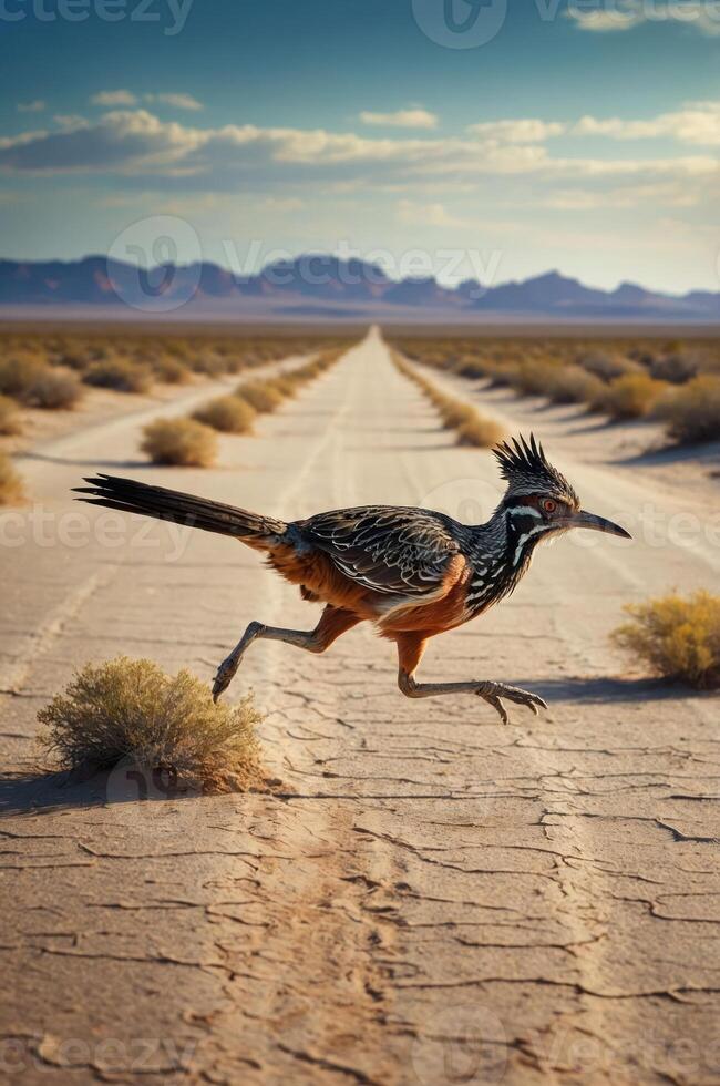 A roadrunner running along a desert road with mountains in the background. photo
