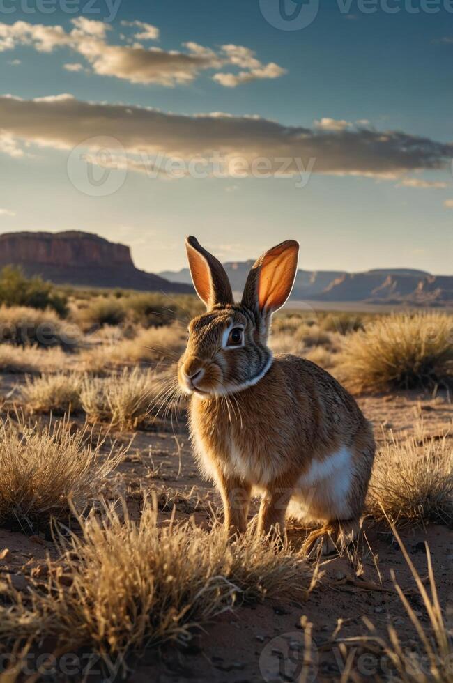 A rabbit stands in a desert landscape during sunset, surrounded by grass and distant mountains. photo