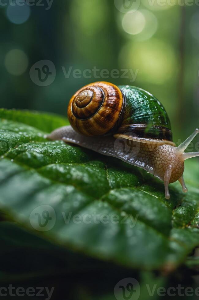 A close-up of a colorful snail crawling on a green leaf in a lush environment. photo