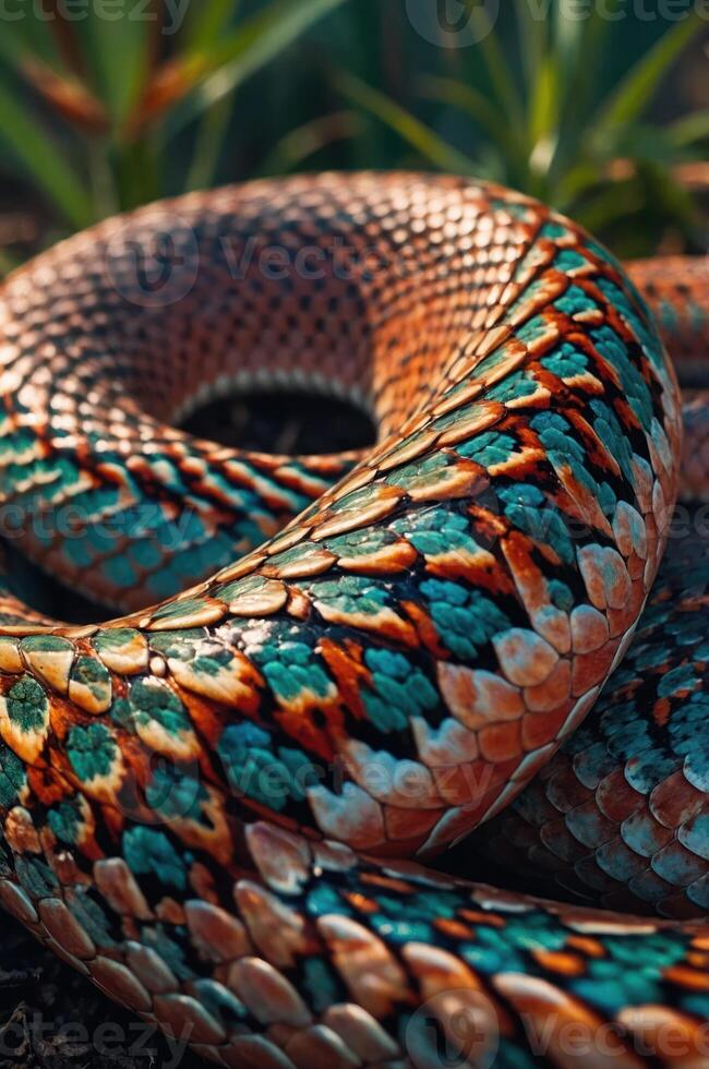 A close-up of a colorful snake's scales showcasing intricate patterns and textures. photo