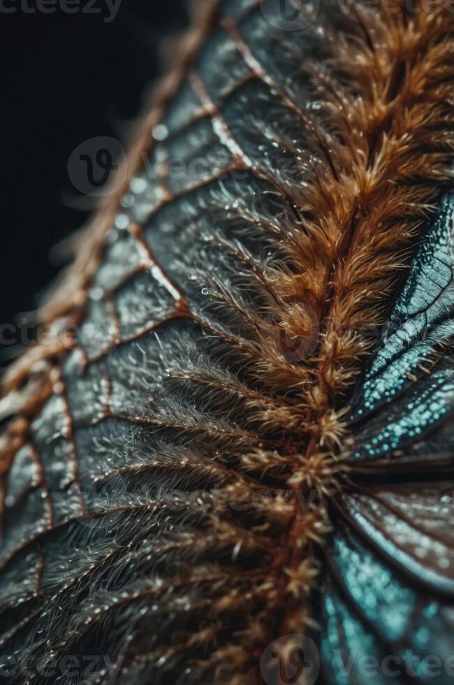 Close-up of a butterfly wing showcasing intricate textures and colors. photo
