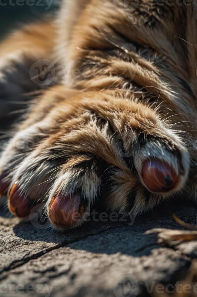 Close-up of a tiger's paw resting on a wooden surface, showcasing its fur and claws. photo