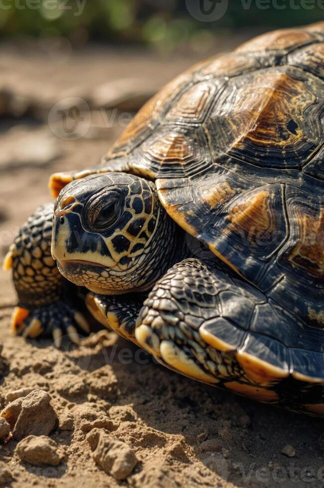 A close-up of a tortoise resting on the ground, showcasing its detailed shell patterns. photo