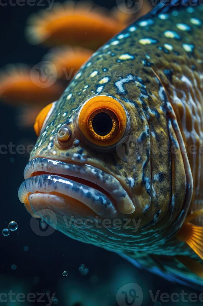 A close-up of a colorful fish showcasing intricate patterns and vibrant colors. photo