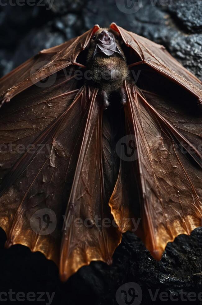A close-up of a bat with extended wings, showcasing its unique texture and coloration. photo