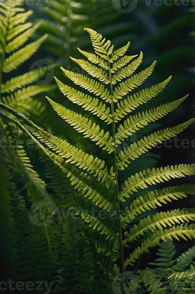 A close-up of vibrant green fern leaves showcasing their intricate patterns and textures. photo